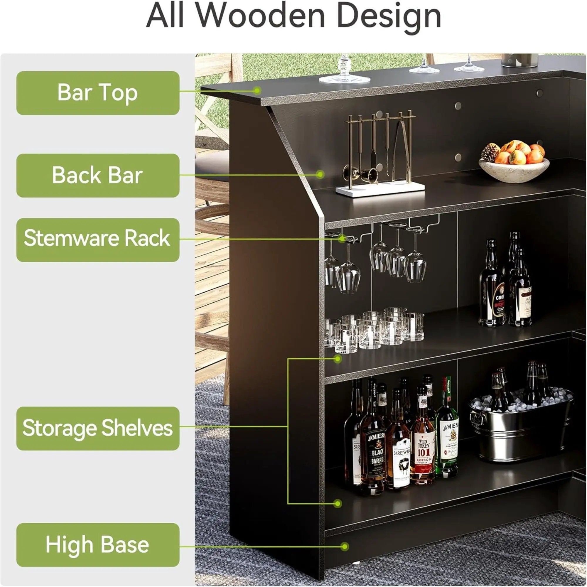 L-Shaped Home Bar Cabinet With Stemware Racks, 4 Tier Corner Unit, Liquor Wine Bar Table & Reception Desk For Home Pub - Black by HouseOfZazla