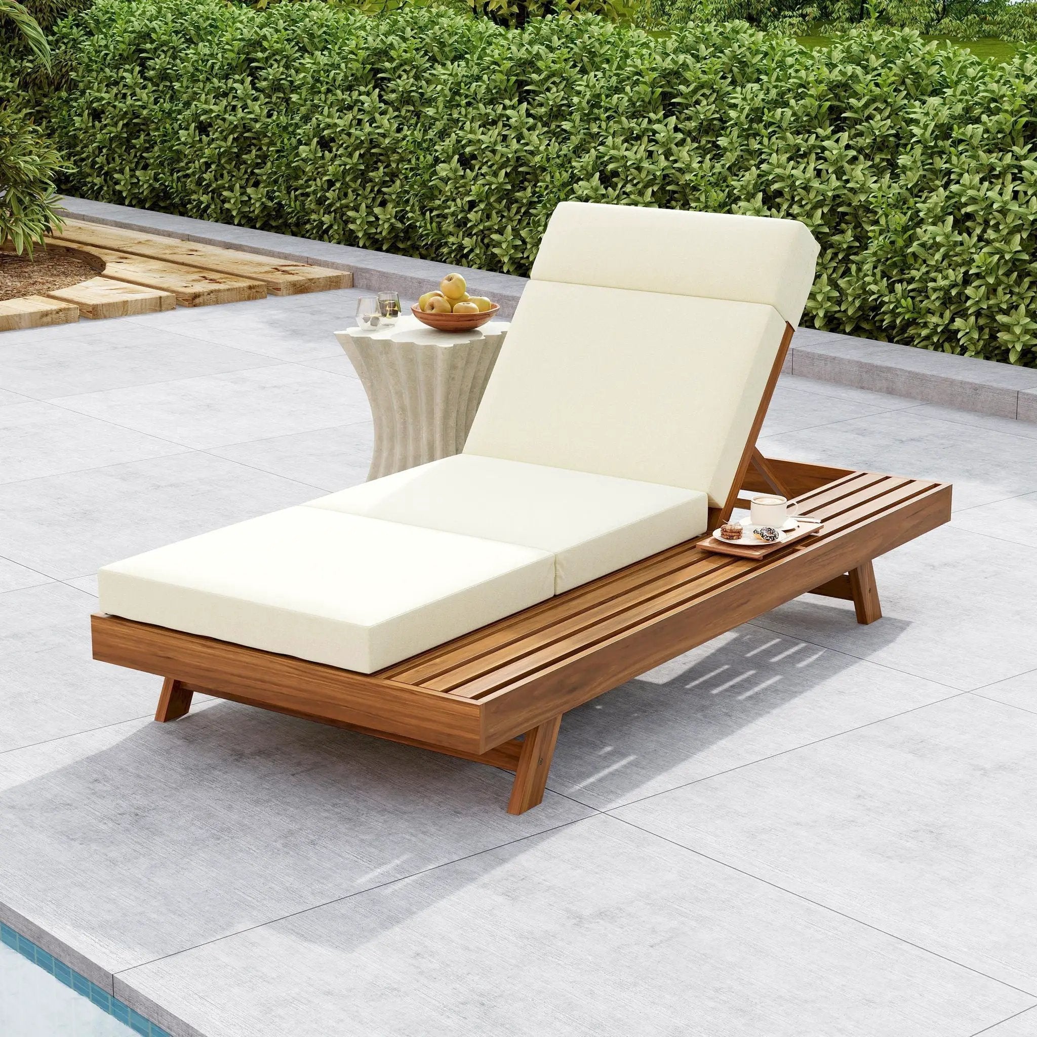 Acacia Wood Lounge Chaise Set With Headrest And Water Resistant Cushions - Beige by HouseOfZazla