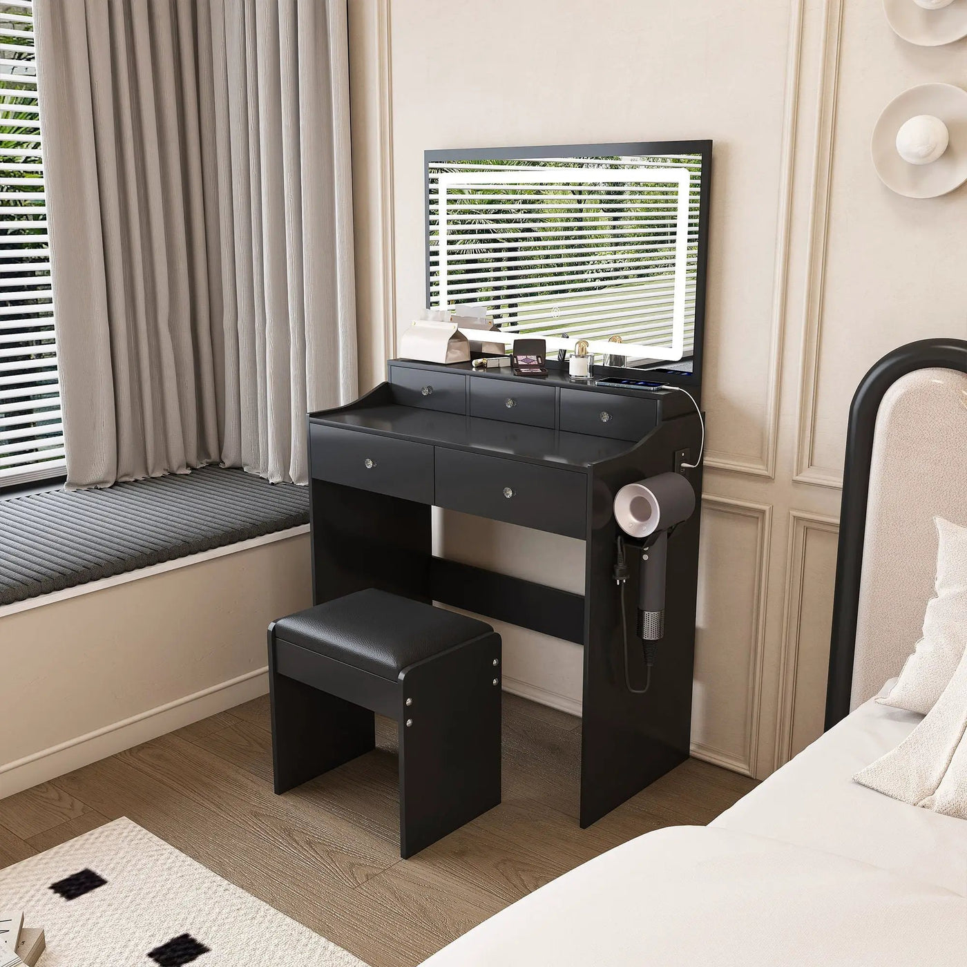 Modern Makeup Vanity Set With Power Outlet, Hair Dryer Holder, And Adjustable Lighting by HouseOfZazla