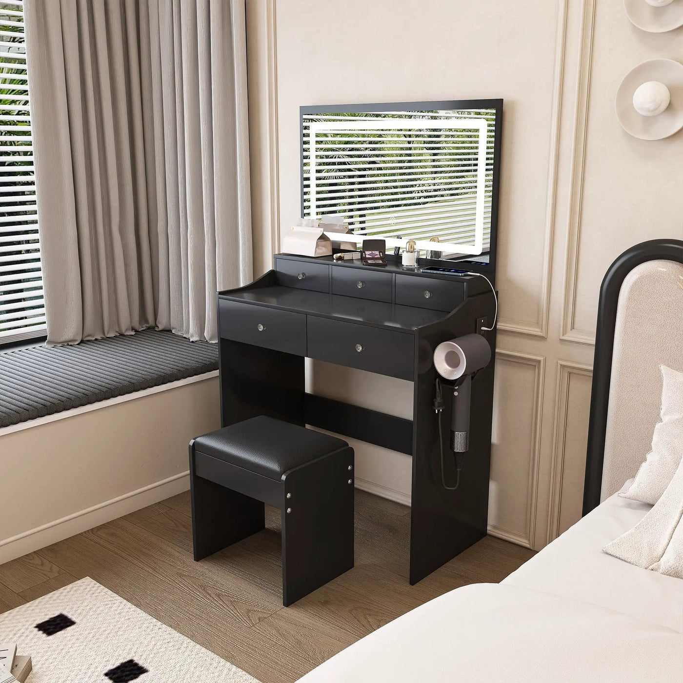 Modern Makeup Vanity Set With Power Outlet, Hair Dryer Holder, And Adjustable Lighting by Unique Piece Furniture