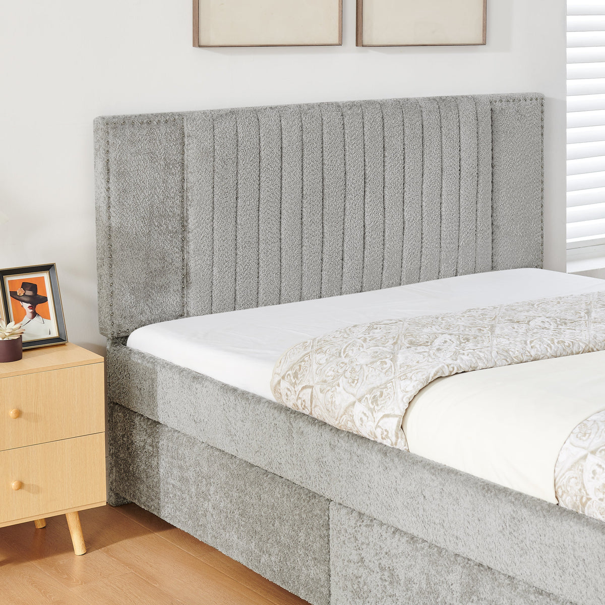 Queen Size Vertical Channel Tufted Headboard & Nailhead Trim Space Saving Upholstered Bed, Multi-functional Design with 2 Storage Drawers and Pull-out Trundle Bed, Chenille, photo 10 of 10