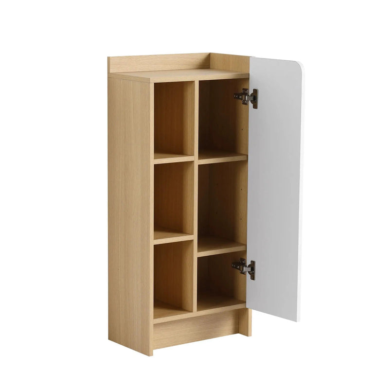 Freestanding Bathroom Side Cabinet, Narrow Storage Cabinet With Single Door & 3 Tier Open Shelves - Black / Light Oak / White by HouseOfZazla