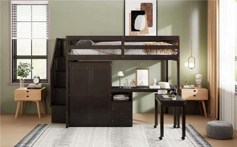 Loft Bed With Stairs, Bookshelf, Drawers, Desk & Wardrobe, Space Saving Multifunctional Furniture by HouseOfZazla