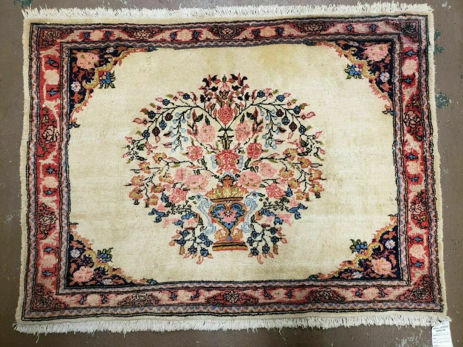 2' 7" X 3' 6" Antique Rug Hand Knotted Pictorial Wool Oriental Flowers by Jewel Rugs
