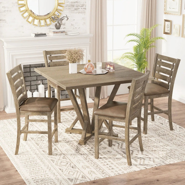 5 Pieces Set Counter Table Set Square Counter Table Solid Wood Modern Farmhouse Rustic Look Distressed Look - Grayish Brown