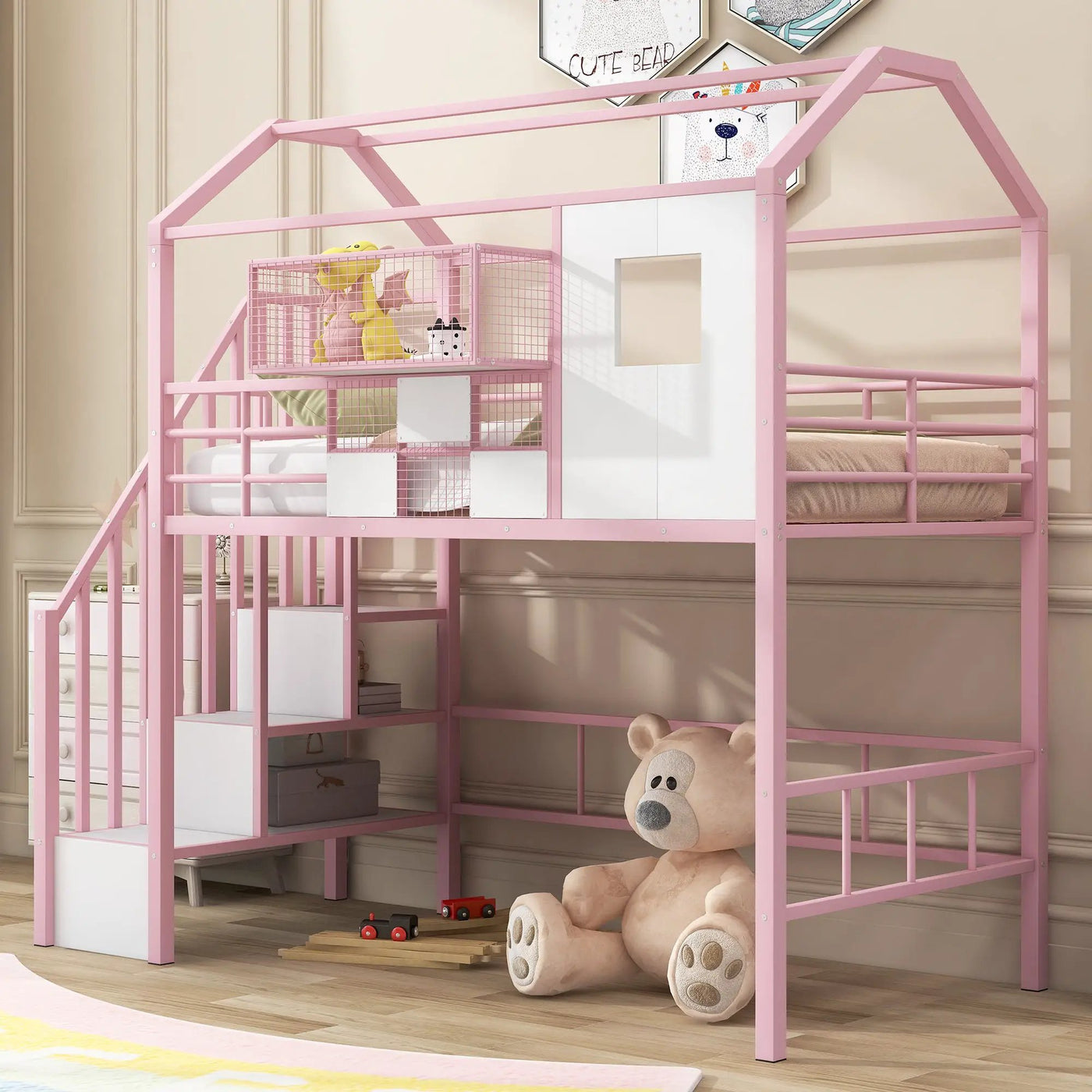 Metal Loft Bed With Roof Design And Storage Box With Guardrails And Integrated Ladder by HouseOfZazla