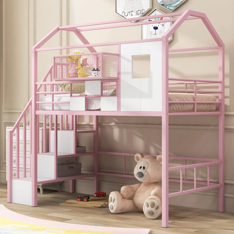 Metal Loft Bed With Roof Design And Storage Box With Guardrails And Integrated Ladder by HouseOfZazla