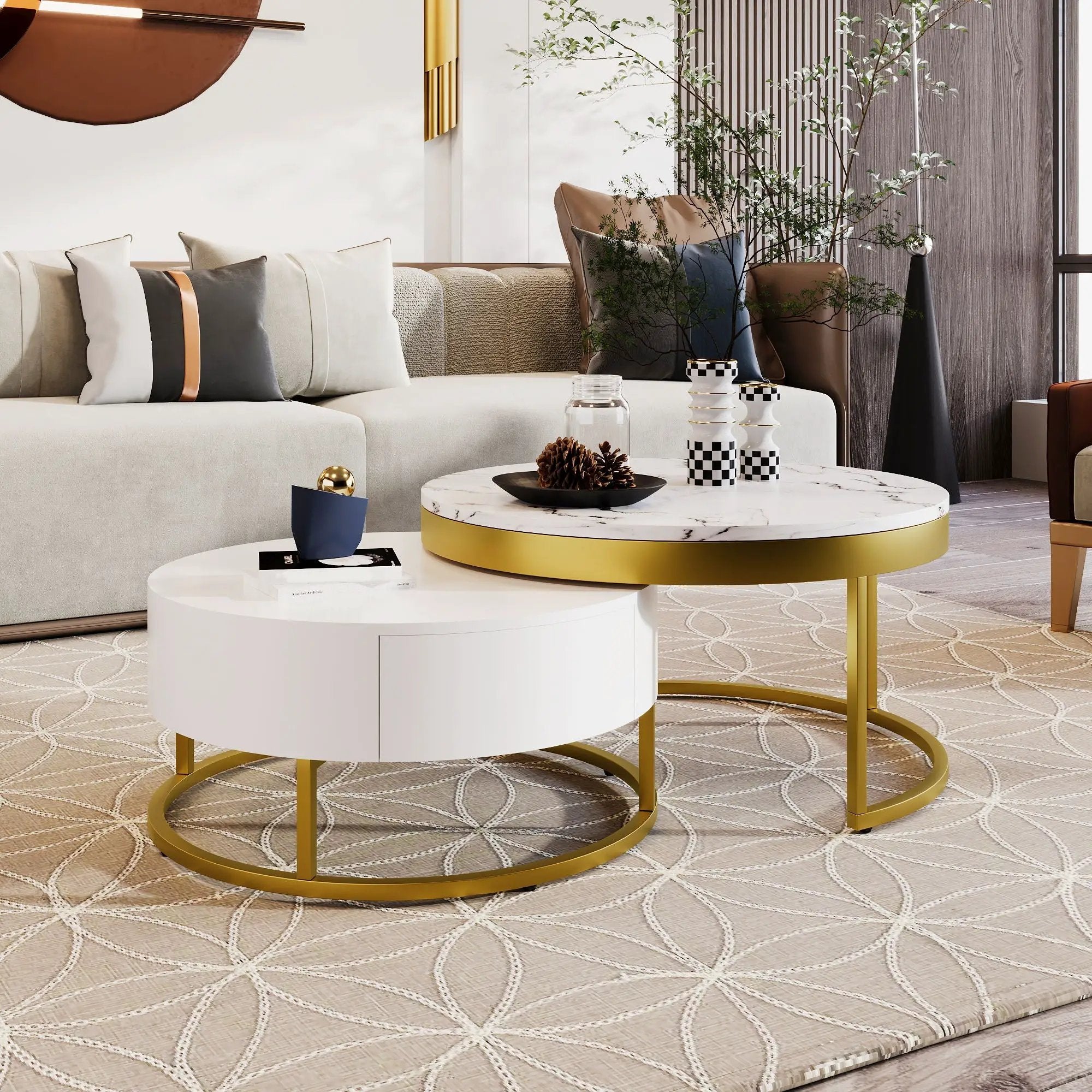 Round Nesting Coffee Table With Drawers - Golden / White by Unique Piece Furniture
