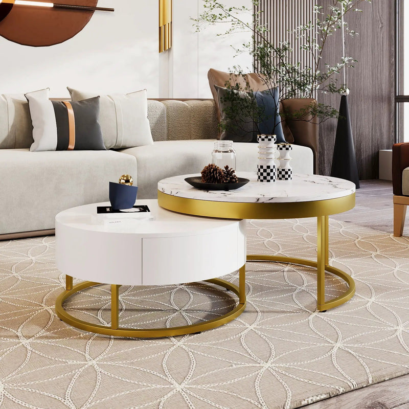 Round Nesting Coffee Table With Drawers - Golden / White by Unique Piece Furniture