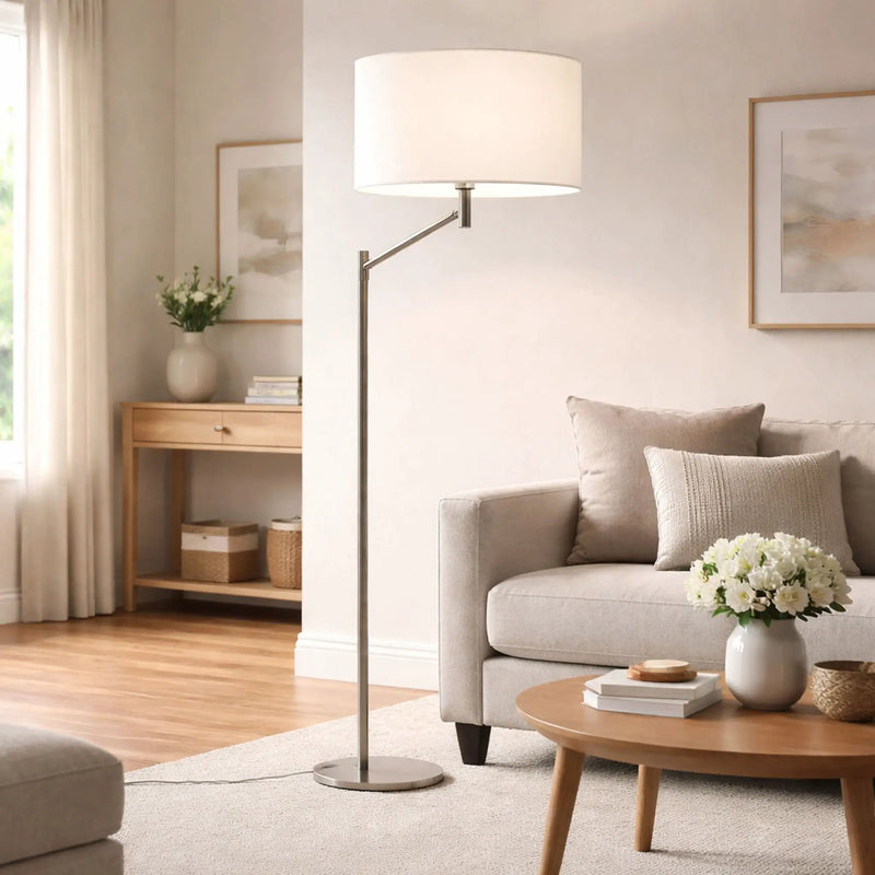 Horizon - Table Lamp With On / Off Switch Curved Base Linen Shade - Brushed Nickel / Silver / White by HouseOfZazla