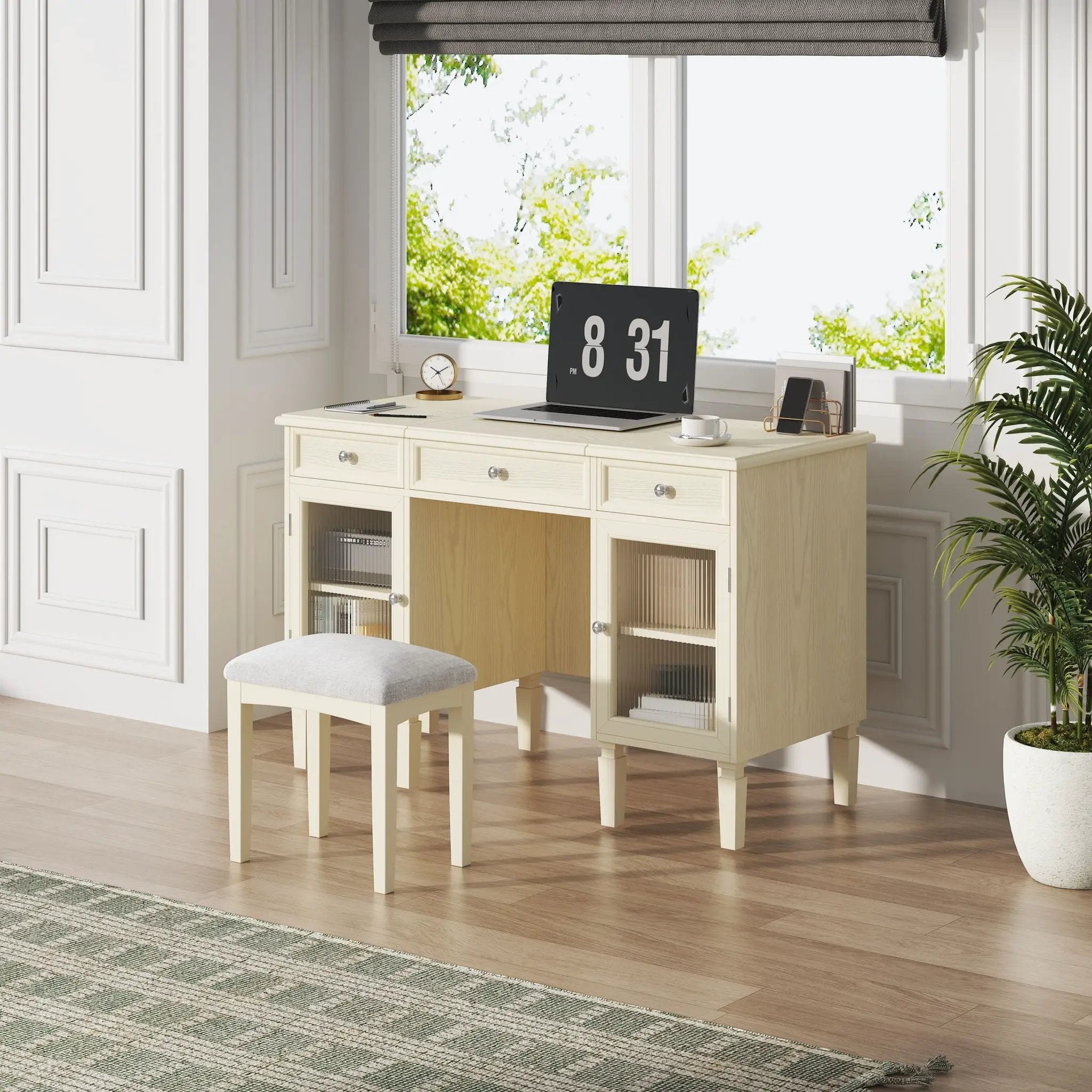 Multi Functional 2 In 1 Vanity Desk With Flip Top Mirror Material - White Oak by Unique Piece Furniture