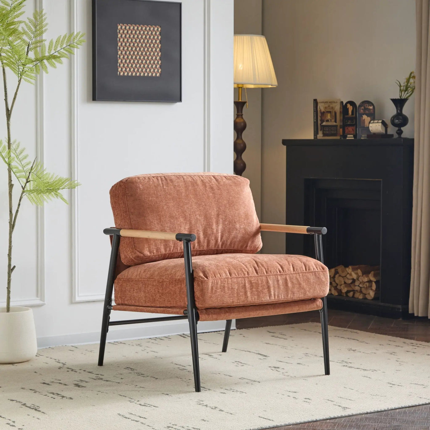 Modern Accent Chair With Plush Cushions and Wooden Armrests by HouseOfZazla