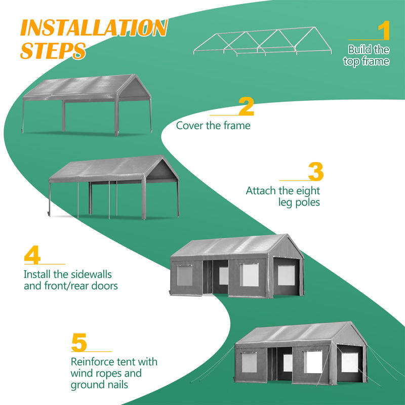 12x20 FT Heavy Duty Carport Canopy with Galvanized Steel Frame - White, photo 5 of 10