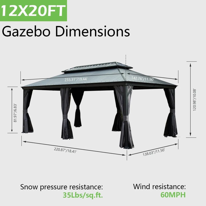 12'x20' Hardtop Gazebo with Resin Roof, Curtains, and Mosquito Netting by HouseOfZazla