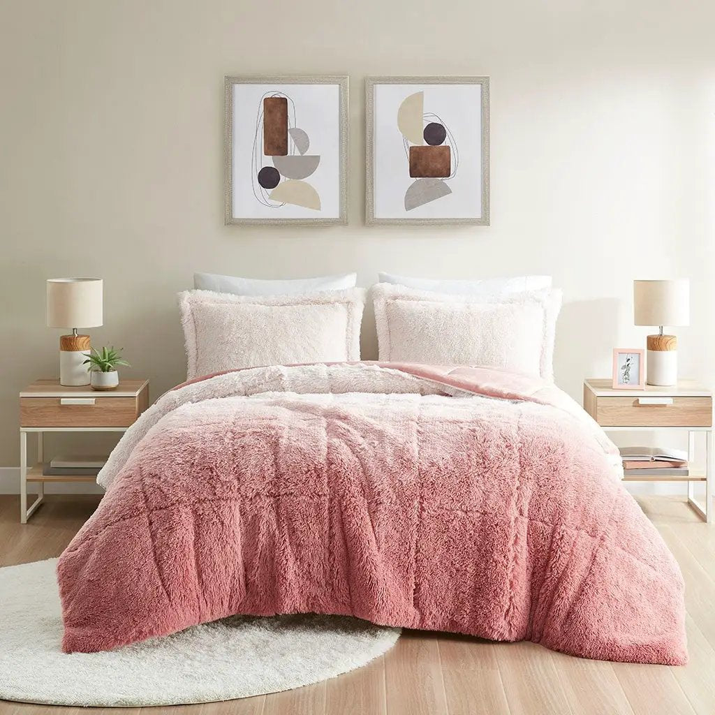 Full/Queen Ombre Shaggy Long Fur Comforter Mini Set by HouseOfZazla
