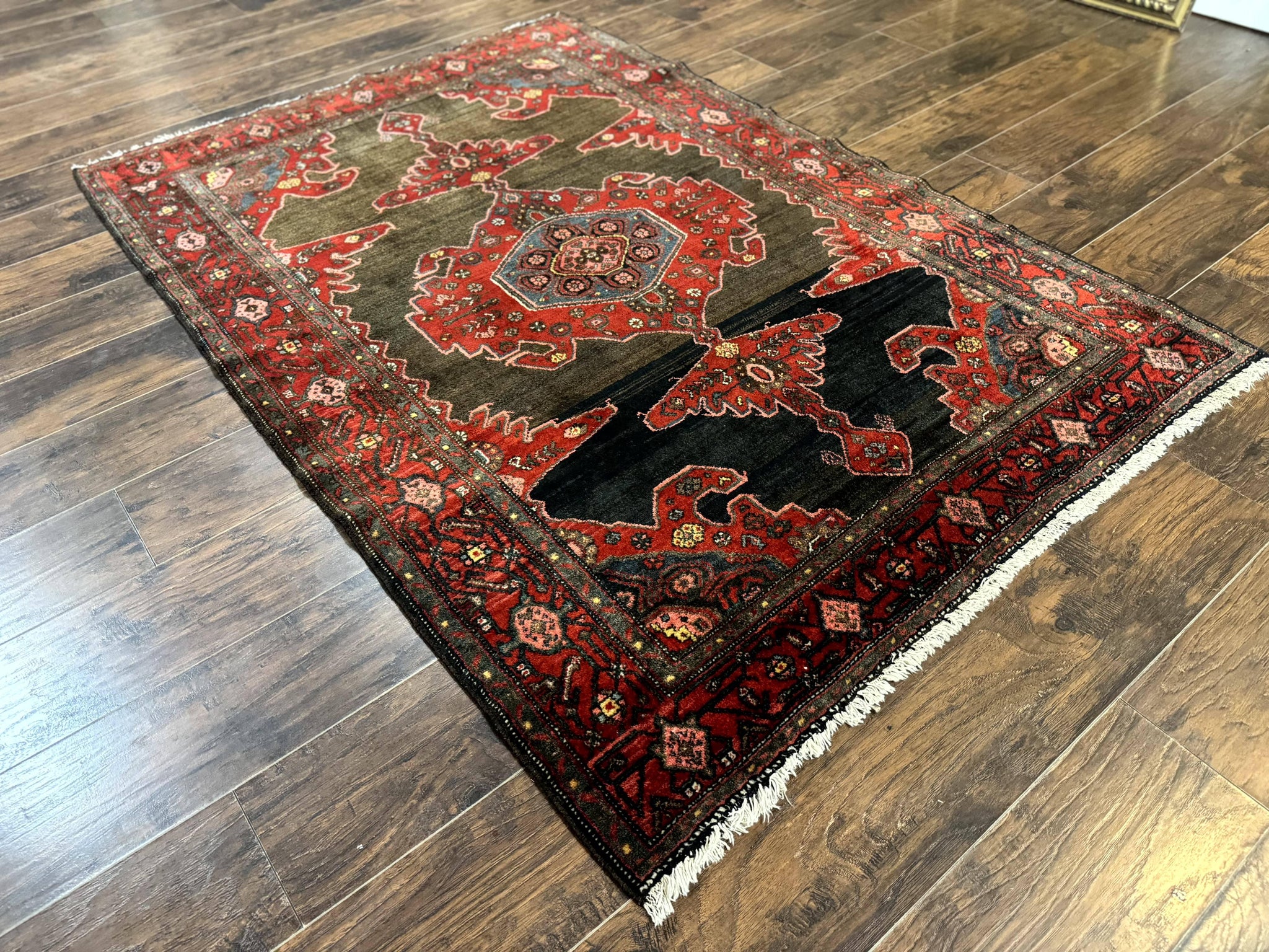 Antique Persian Tribal Rug 5x7, Geometric Wool Carpet, Kurdish Senneh Rug by Jewel Rugs