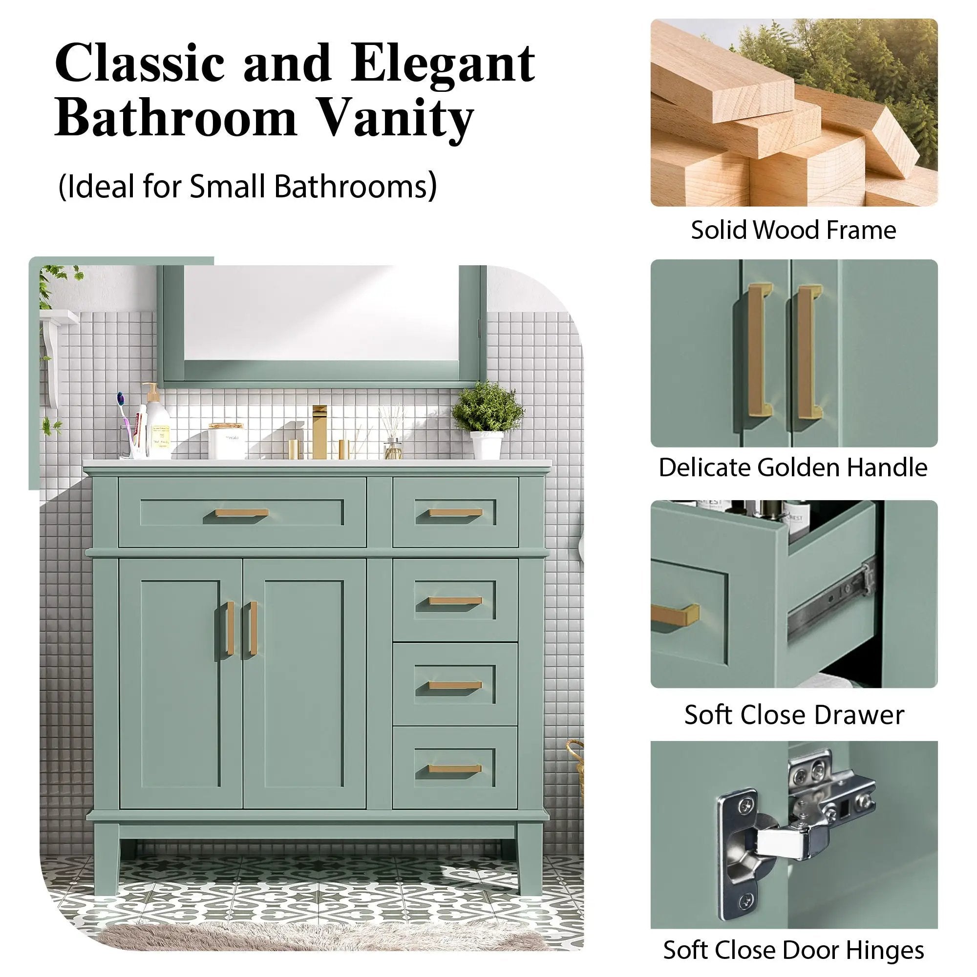 Bathroom Vanity With Sink, Soft Close Doors, 4 Storage Drawers