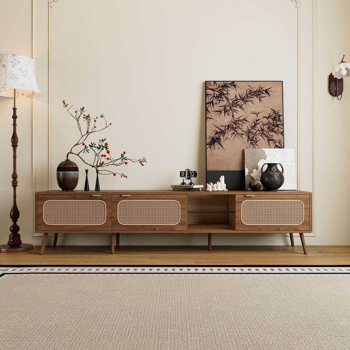 78" Walnut TV Stand With Ample Storage And Open Shelving, photo 2 of 4