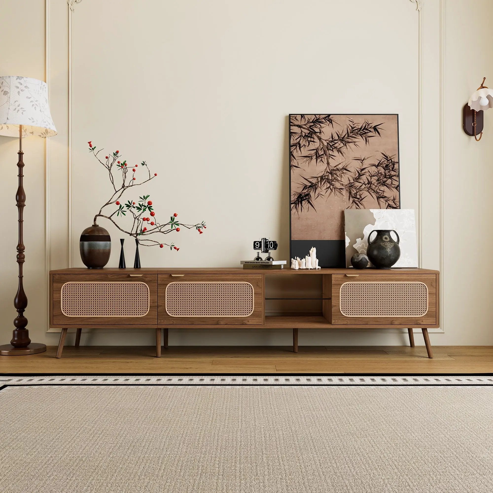 78" TV Stand With Ample Storage And Open Shelving - Walnut by Unique Piece Furniture