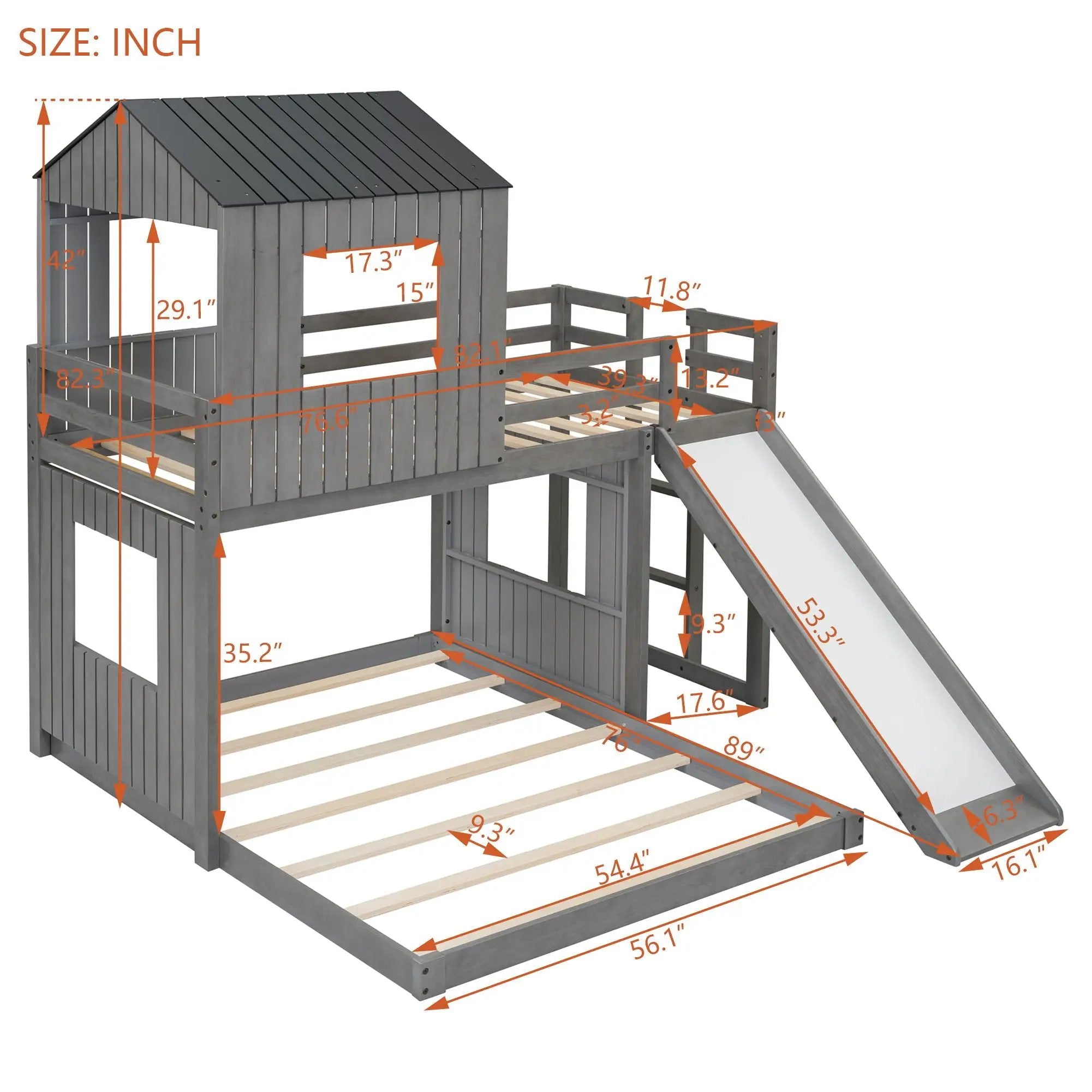 Loft Bunk Bed With Playhouse, Farmhouse, Ladder, Slide And Guardrails by Unique Piece Furniture