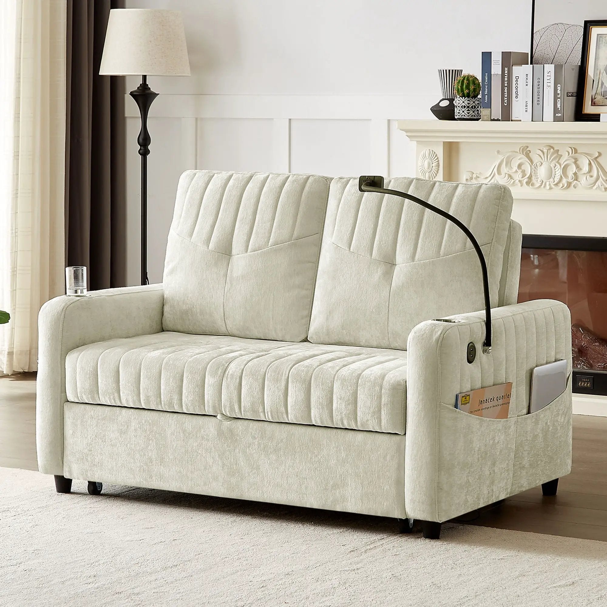Modern Loveseat Pull Out Sofa Bed With Adjustable Backrest, Two Cup Holders, A Phone Holder, Three Charging Ports And Side Storage Pockets For Living Room by HouseOfZazla