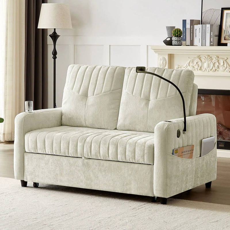 Modern Loveseat Pull Out Sofa Bed With Adjustable Backrest, Two Cup Holders, A Phone Holder, Three Charging Ports And Side Storage Pockets For Living Room by HouseOfZazla
