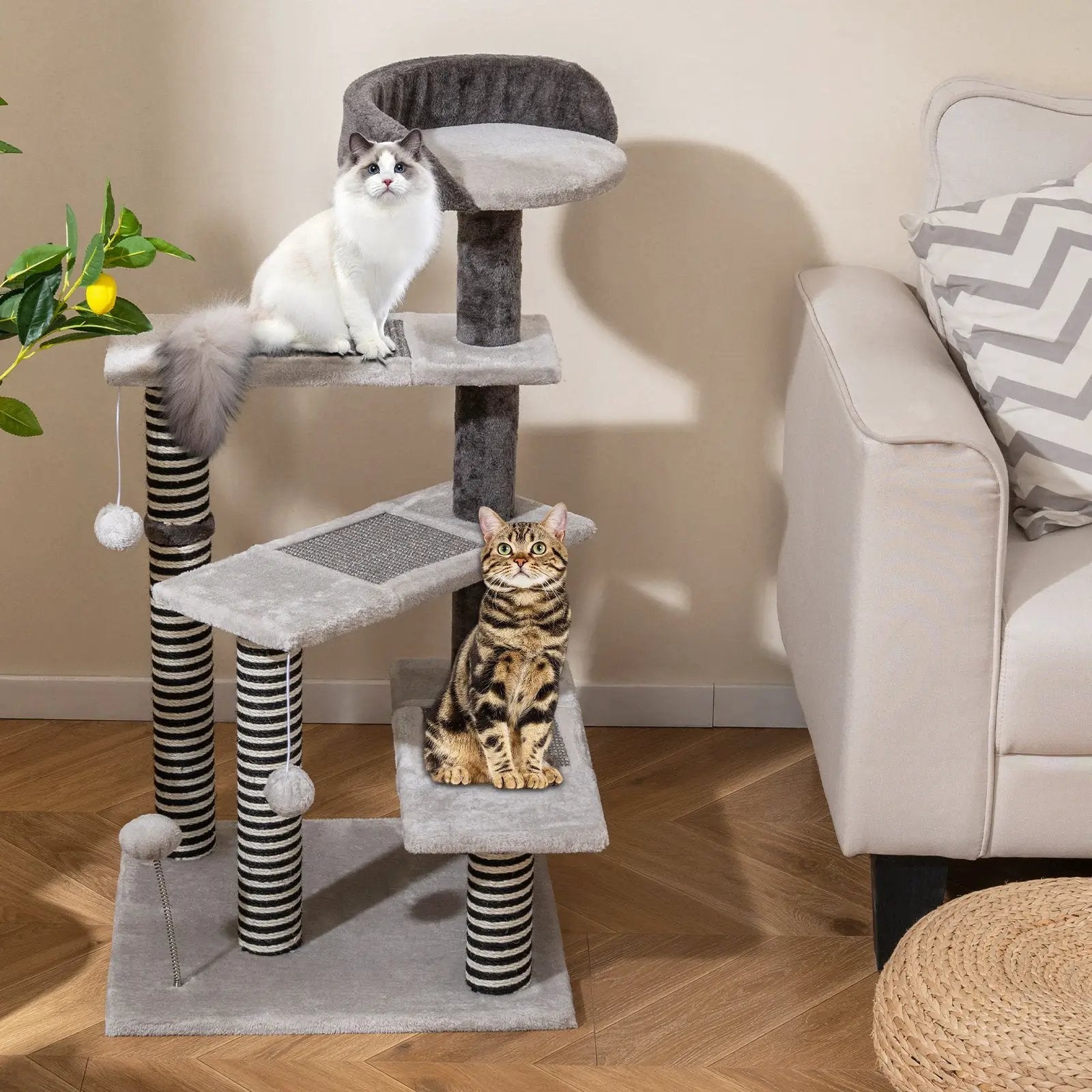 93 CM Tall Cat Tree Kitten Tower with Sisal and Jute Scratching Posts-Gray by DirectDeals
