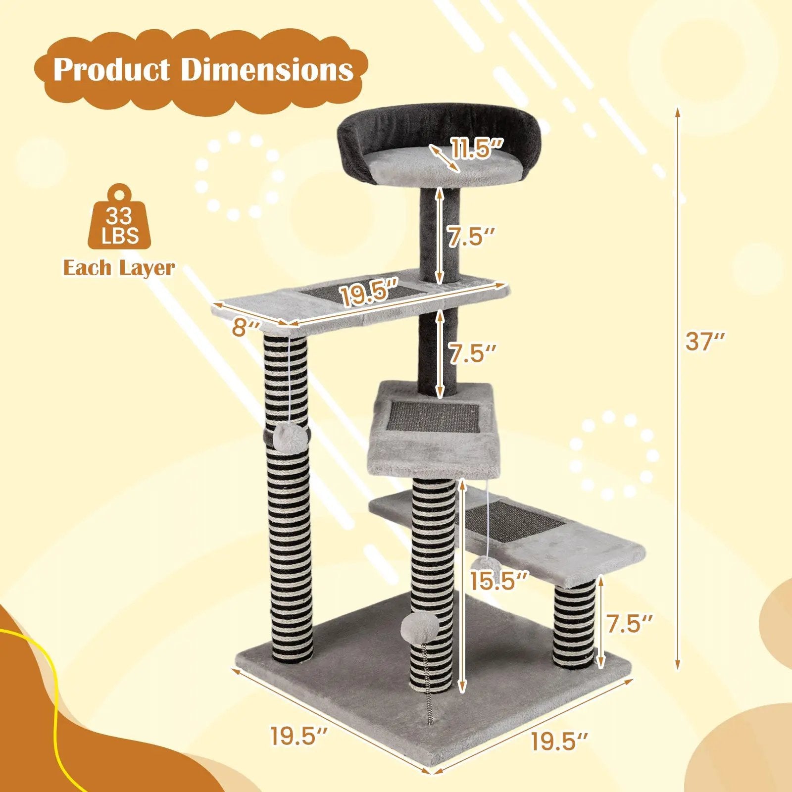 93 CM Tall Cat Tree Kitten Tower with Sisal and Jute Scratching Posts-Gray by DirectDeals