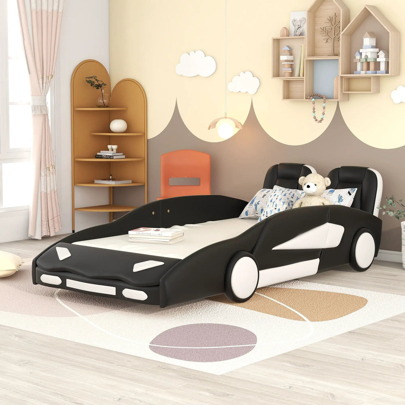 Race Car Shaped Twin Platform Bed With Wheels, Pine Wood Construction by HouseOfZazla