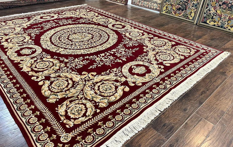 Aubusson Rug 9x12, Wool Handmade Carpet, Elegant French European Design, Dark Maroon Red, 9 x 12 Room Sized Rug, Finely Hand Knotted by Jewel Rugs