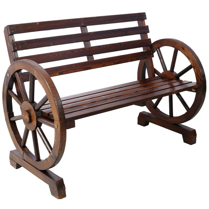 Rustic Country 2 Person Wooden Wagon Wheel Bench With Slatted Seat And Backrest - Brown by Unique Piece Furniture