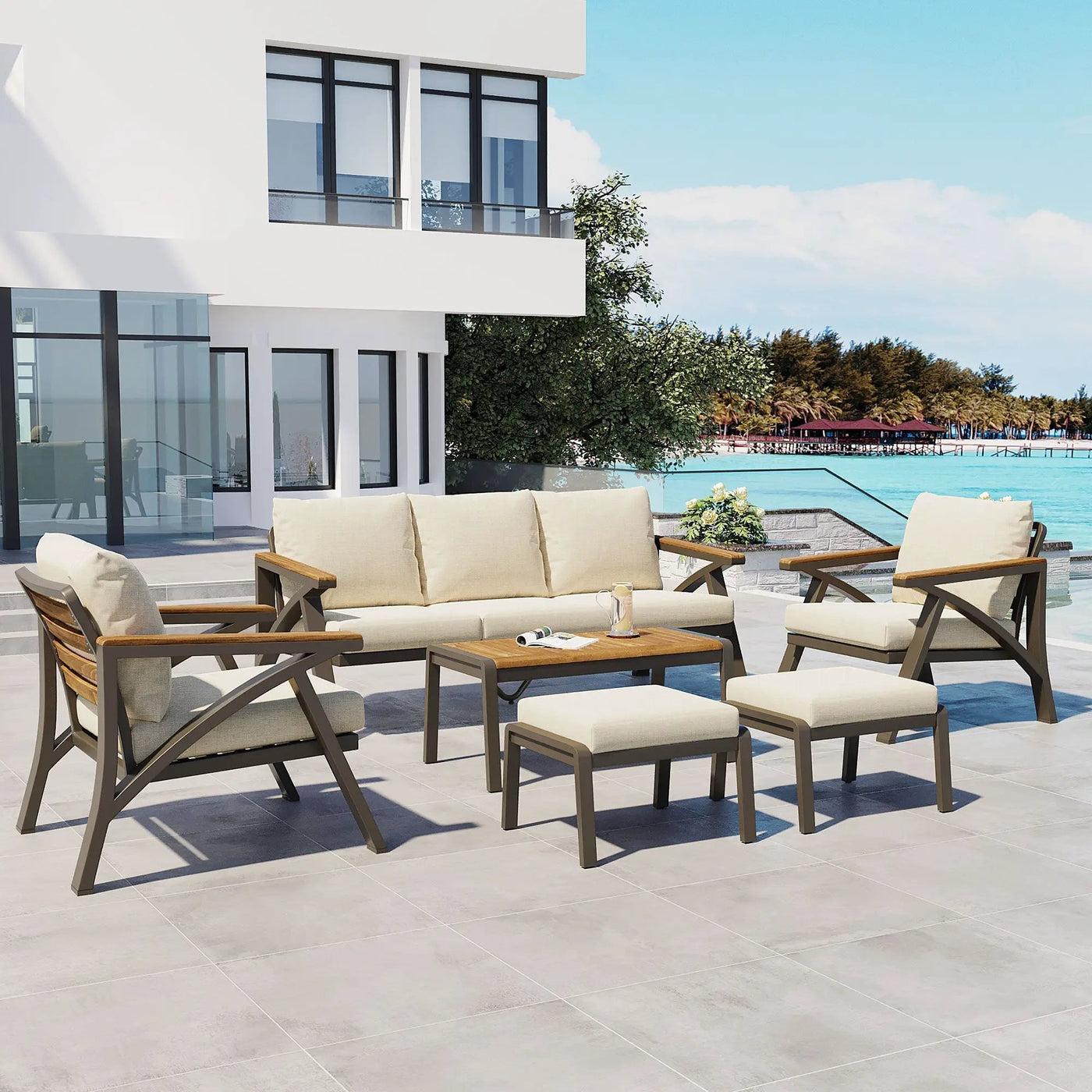 6-Piece Outdoor Patio Furniture Set with Steel Frame Sofa & Acacia Wood Table by HouseOfZazla