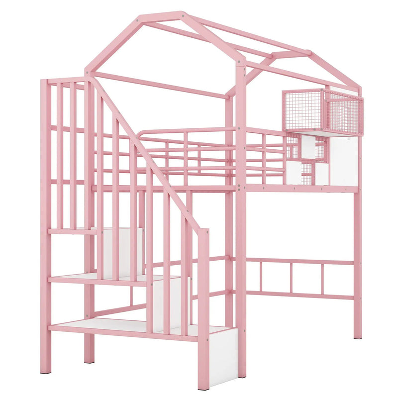 Metal Loft Bed With Roof Design And Storage Box With Guardrails And Integrated Ladder by HouseOfZazla