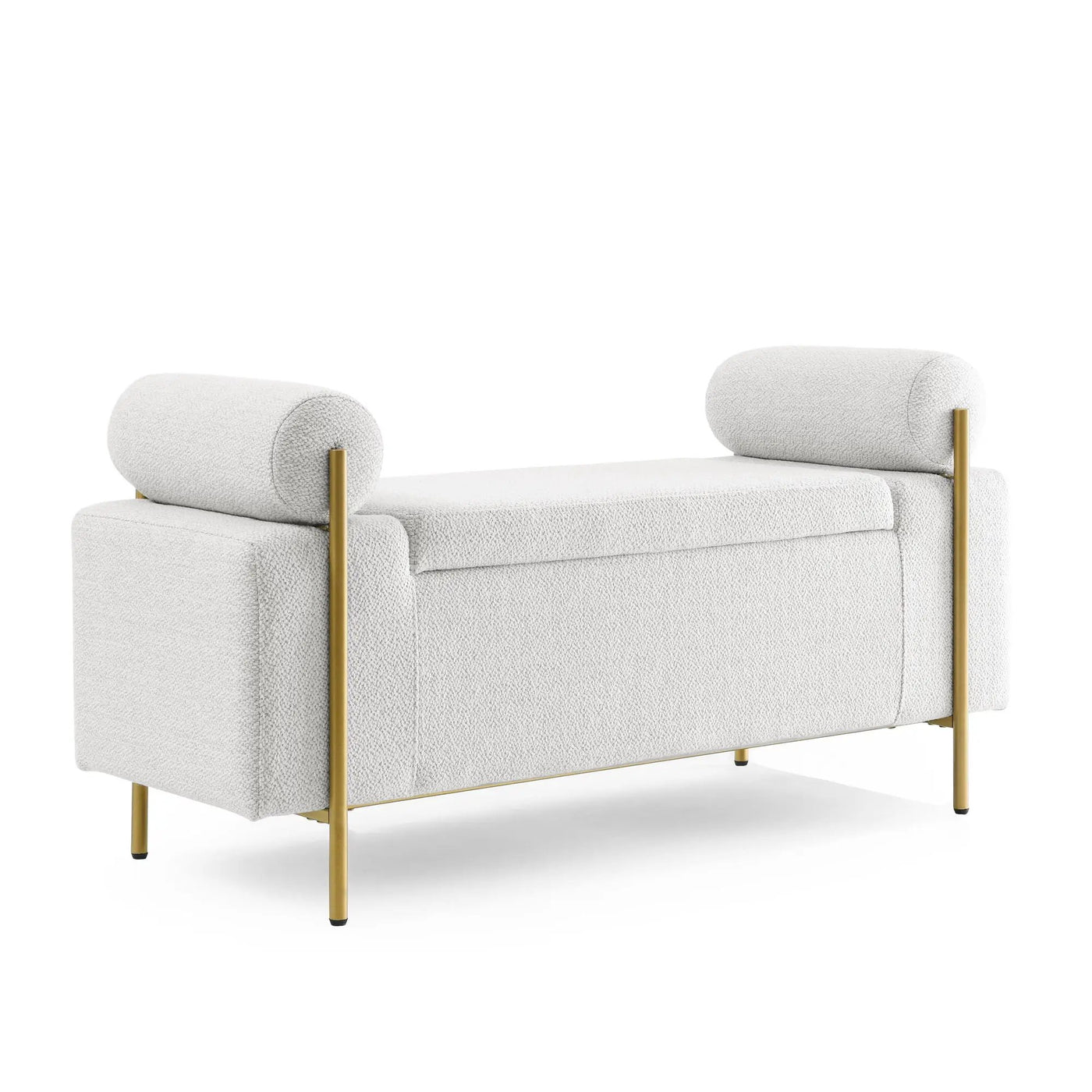 Elegant Upholstered Storage Bench With Cylindrical Arms And Iron Legs, by Unique Piece Furniture