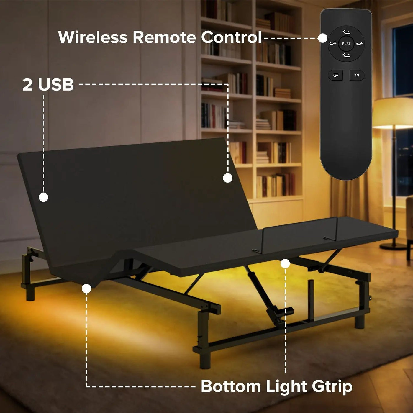 Adjustable Bed Base Frame With Wireless Remote, 4 USB Ports, Under Bed Nightlights, Zero Gravity by HouseOfZazla