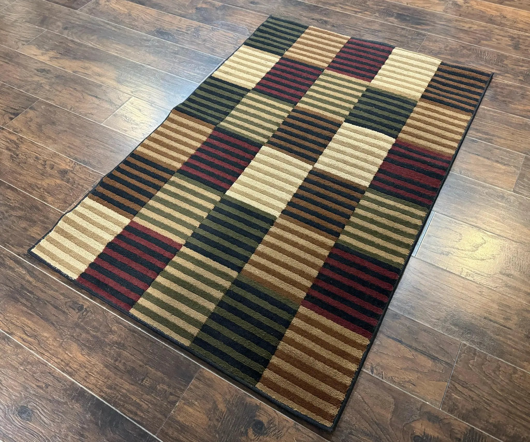Vintage Power Loomed Rug 3.6 x 5, Brown Beige Black Tan, Box Design by Jewel Rugs