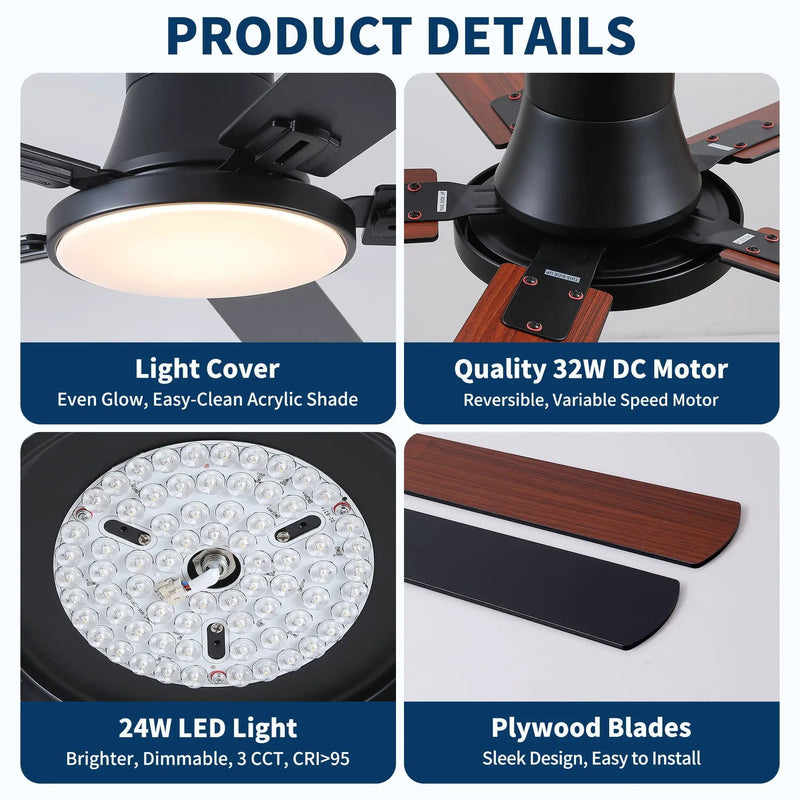 Flush Mount Ceiling Fans With LED Light And Remote Control, 5 Blades by HouseOfZazla
