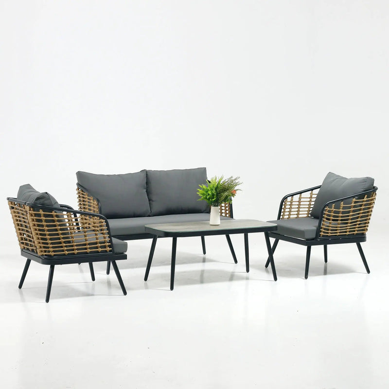 4 Pieces Patio Furniture Set, PE Rattan Wicker With Washable Cushion And Tempered Glass Tabletop, Conversation Furniture For Garden Poolside Balcony by HouseOfZazla