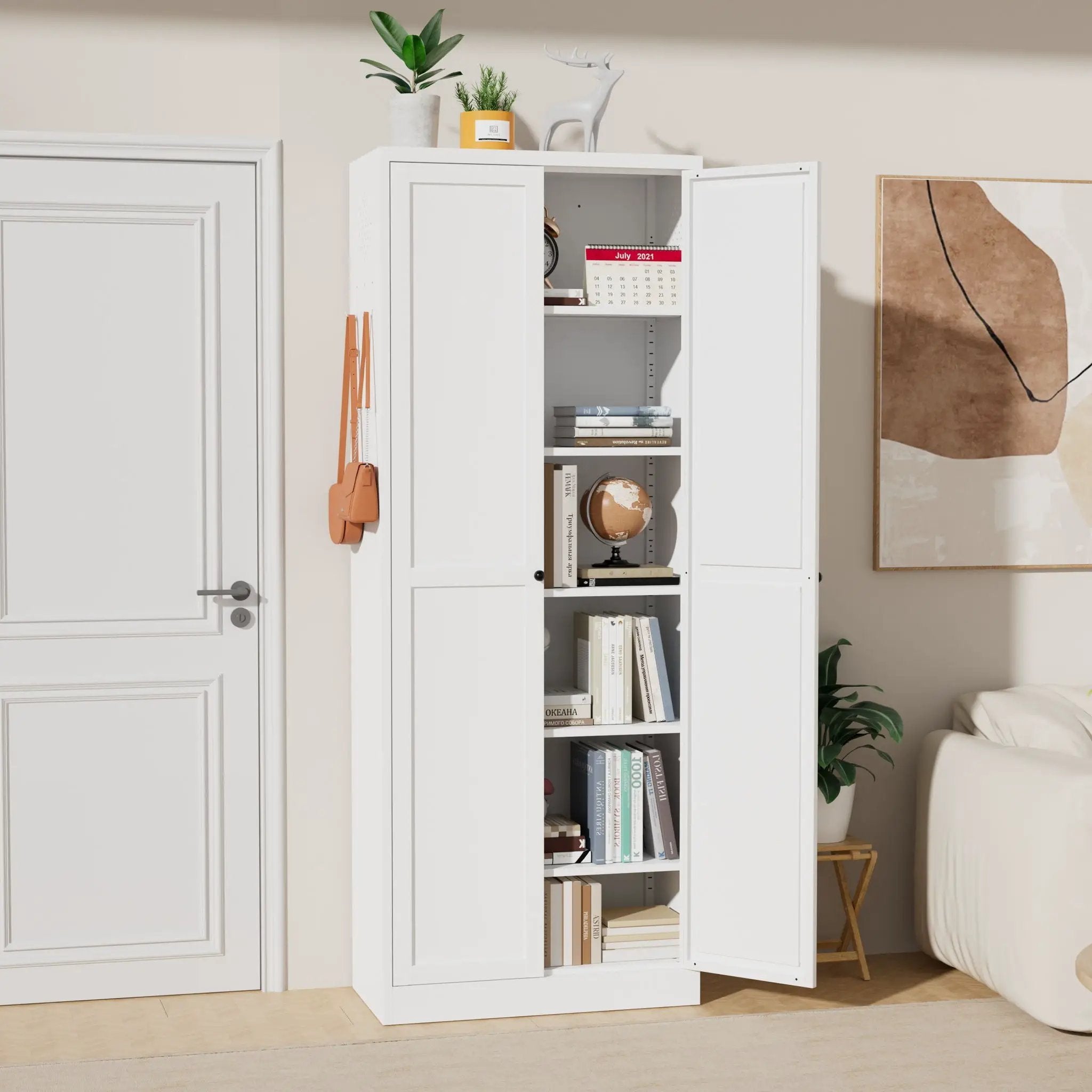 Kitchen Pantry Cabinet With Doors, Heavy-Duty Freestanding Storage Organizer With 5 Adjustable Shelves, Tool Free Assembly - White by Unique Piece Furniture