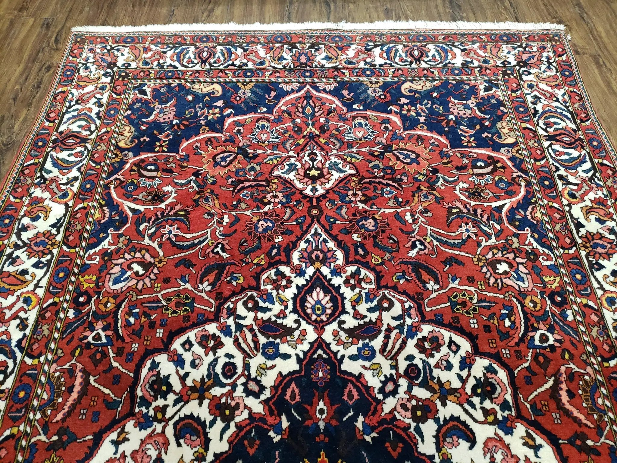 Semi Antique Persian Bakhtiari Rug, Hand-Knotted, Wool, Red, Midnight Blue, Ivory, Floral Medallion, 5'1" x 8' 6" by Jewel Rugs