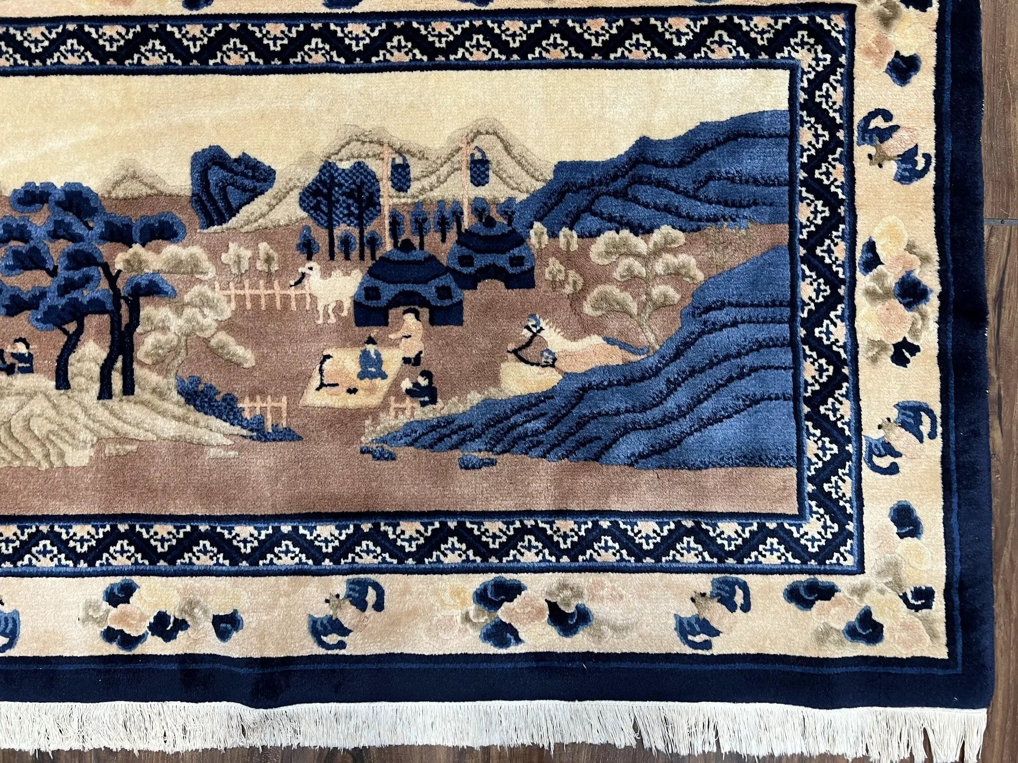 Antique Chinese Pictorial Rug 2.7 x 5, Chinese Village and Hills Carpet, Beige and Dark Blue, Handmade, Horizontal Rug Wall Hanging Tapestry by Jewel Rugs