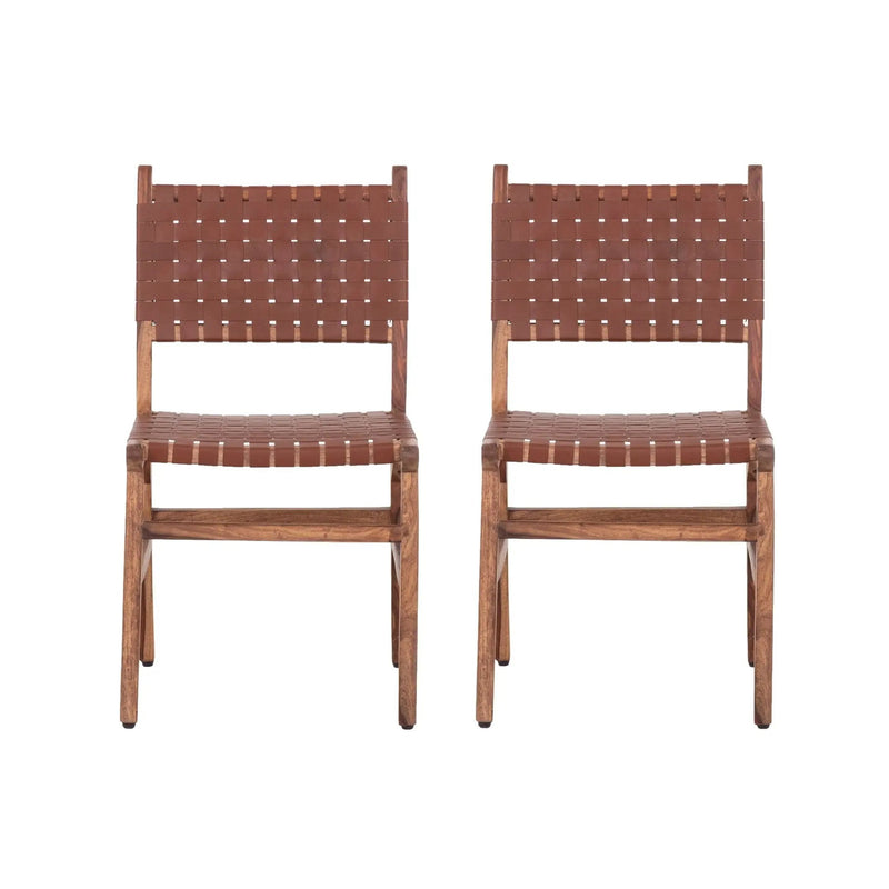 Rustic Wooden Dining Chair (Set of 2) With Genuine Leather Woven Upholstery - Brown by HouseOfZazla