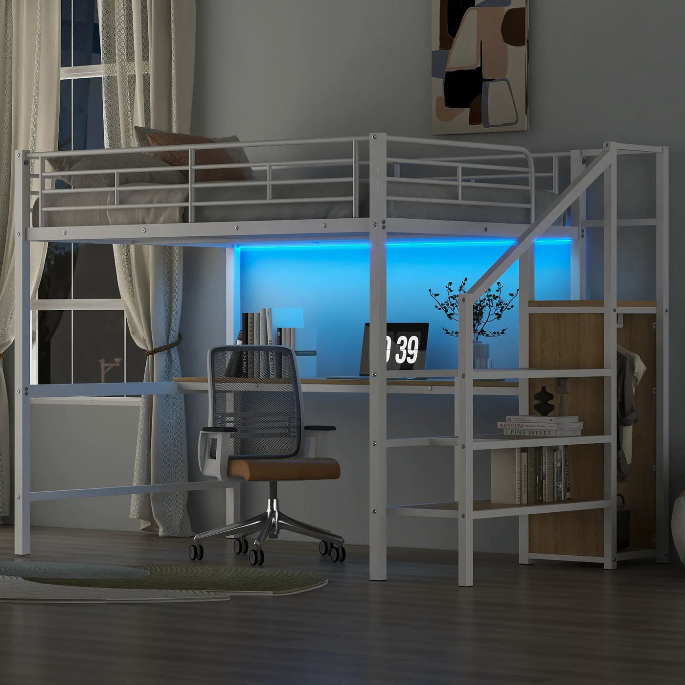 Loft Bed With Desk, Storage Staircase, Small Wardrobe And LED Light by HouseOfZazla