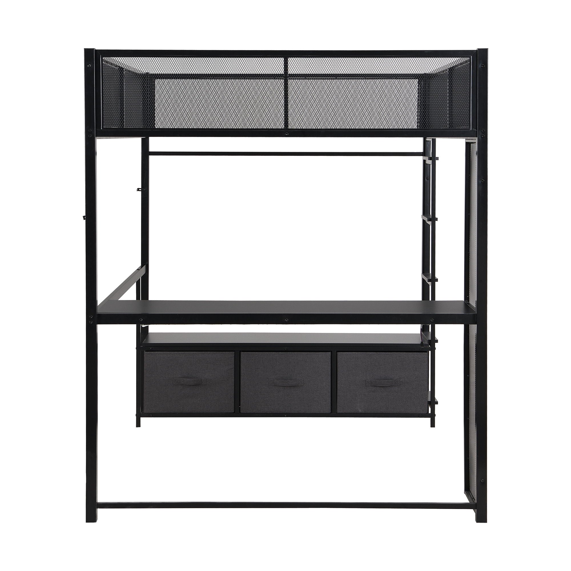 Full Size Gaming Loft Bed With LED Desk, Open Wardrobe, 3 Linen Storage Drawers - Black by HouseOfZazla