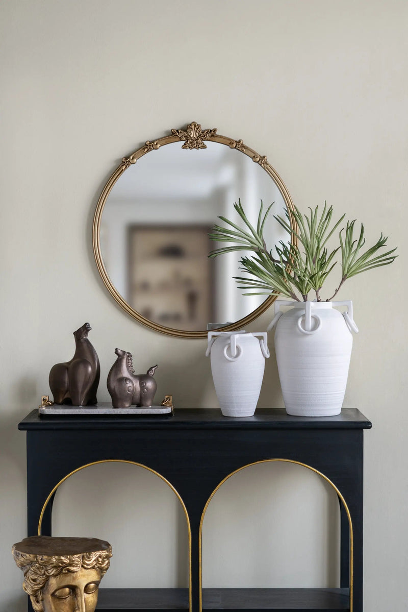 30x31" Round Wall Mirror with Gold Finish and Decorative Leaf Crest by HouseOfZazla