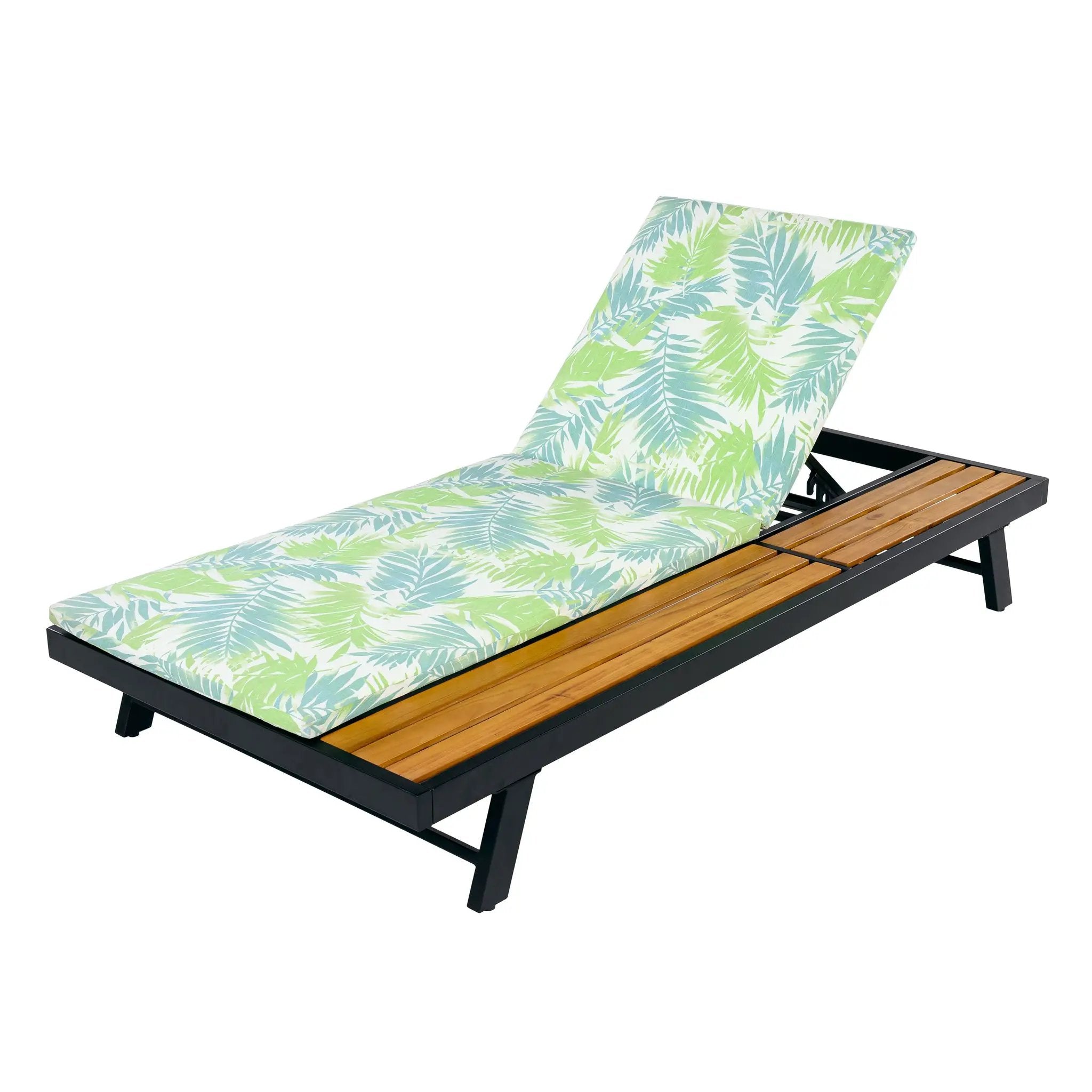 Black Iron + Teak Finish Outdoor Chaise Lounge Set with Leaf Coconut Cushion by HouseOfZazla