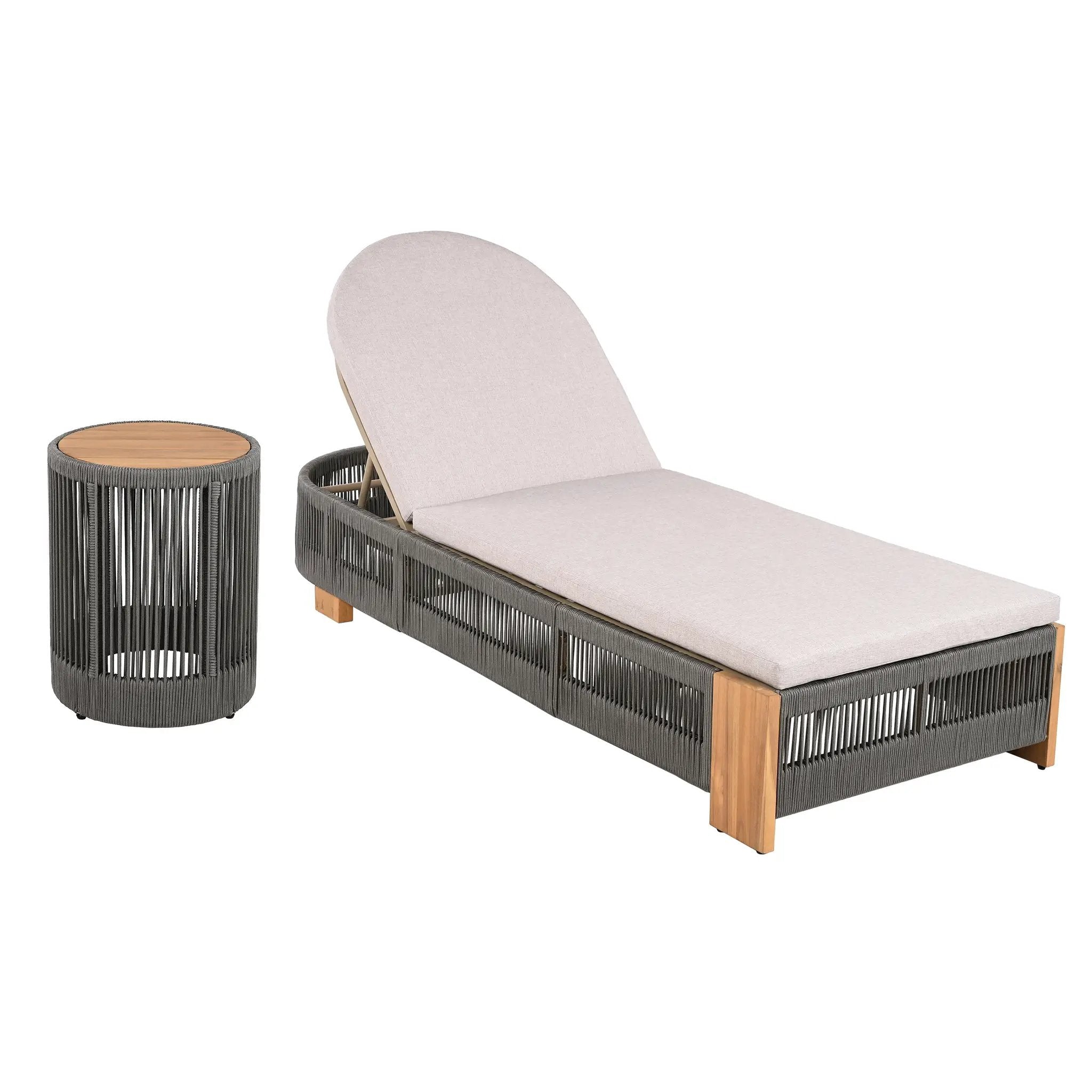 Outdoor Rope Chaise Lounge Set, Patio Lounge Chairs with Teak Look Wood Side Table by HouseOfZazla