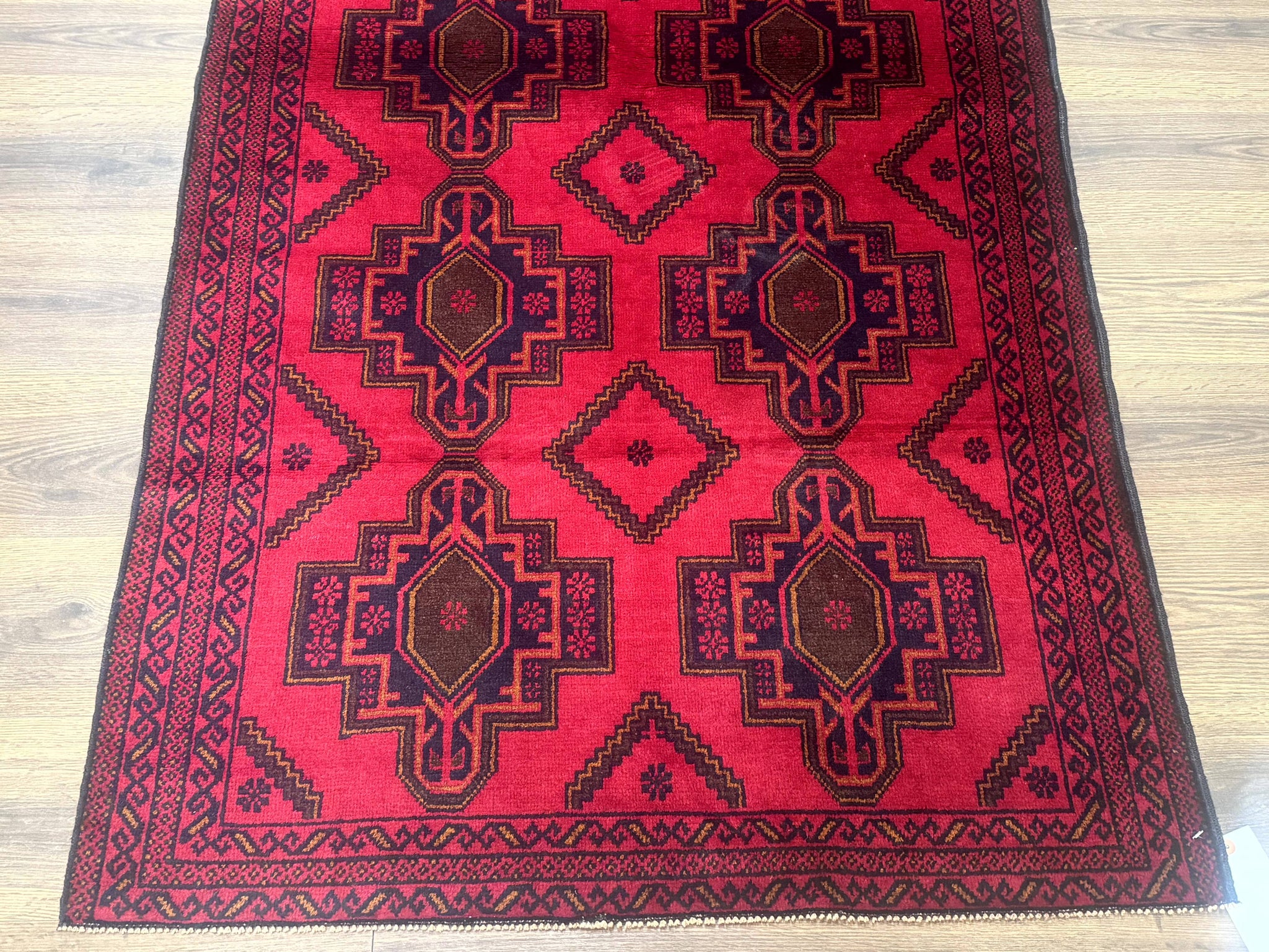 Afghan Rug 4x7, Tribal Carpet, Balouch Rug, Red and Navy Blue, Repeated Medallions, New by Jewel Rugs