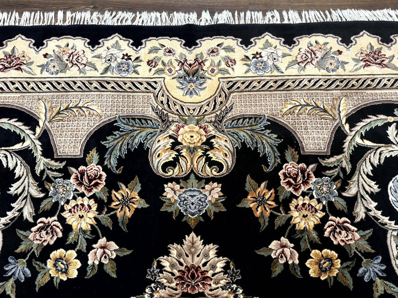 Aubusson Rug 9x12, Black and Beige, Floral, Elegant Handmade French European Design Carpet by Jewel Rugs