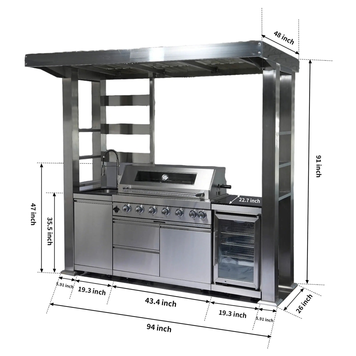 Castelle Flame Astoria 94-Inch 6-Burner 85K BTU Outdoor Kitchen Grill Island With Wine Cooler, Rotisserie, Cabinets, And Granite Countertops (SAK68014) by SAKSBY WHOLESALE